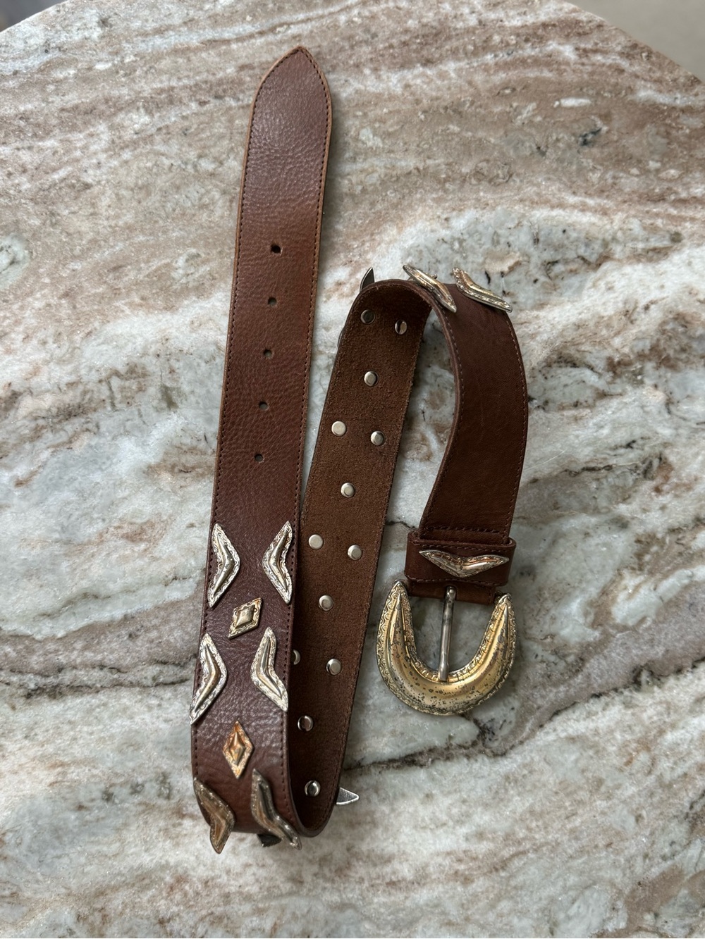 Linea Pelle Italian Leather Western Studded Concho Belt Brown Suede with Gold XS